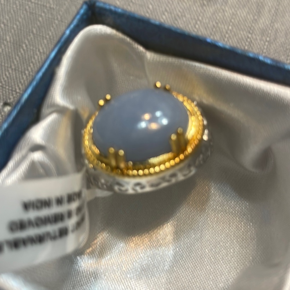 Two tone silver gold plated sim blue stone